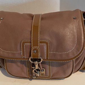 MARC JACOBS LEATHER HANDBAG WITH PATENT LEATHER, BUCKLES, WHITE, & CREAM STITCH